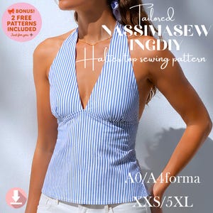 Puede incluir: Un top halter de rayas verticales azules y blancas con un escote en V profundo. El texto dice: Tailored NASSIMASEW INGDIY Halter top sewing pattern, BONUS! 2 FREE PATTERNS INCLUDED, A0/A4forma y XXS/5XL. La prenda presenta un corpiño ajustado.