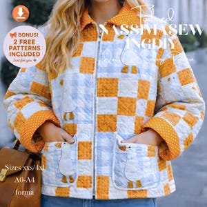 May include: A quilted jacket sewing pattern with a checkerboard design in orange, white, and blue. The jacket features goose appliqués on the pockets and a zipper closure. The pattern includes sizes xxs/4xl and A0-A4.