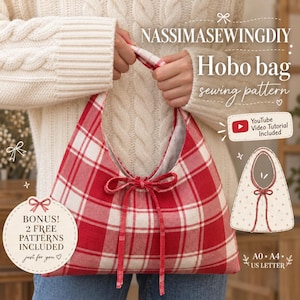 Op de afbeelding: Een naaipatroon voor een hobo-tas van NASSIMASEWINGDIY met een rood-wit ruitpatroon en een striksluiting aan de voorzijde. De afbeelding bevat tekst voor een YouTube-video-tutorial, bonuspatronen en A0, A4 en US letter papierformaten.