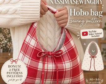 May include: A hobo bag sewing pattern by NASSIMASEWINGDIY featuring a red and white plaid fabric design with a tied front closure. The image includes text for a YouTube video tutorial, bonus patterns, and A0, A4, and US letter paper size options.