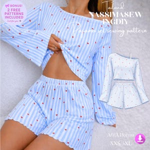 May include: A two-piece pajama set featuring a long-sleeved crop top and shorts with a light blue and white vertical stripe pattern and small red heart prints. Text includes Tailored NASSIMASEWINGDIY Pajama set sewing pattern.
