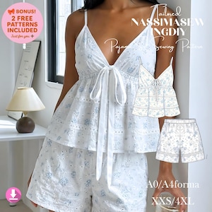May include: White eyelet pajama set with blue floral embroidery. The top has a V-neck and tie detail. The shorts have a matching floral pattern. The image includes text that says "Tailored NASSIMASEW INGDIY Pajama Sewing Pattern".