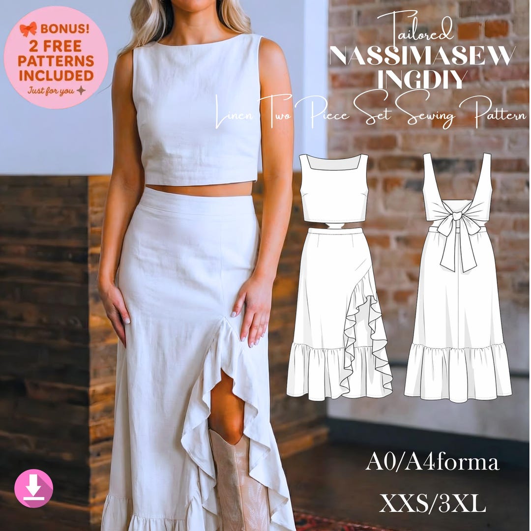 Linen Two Piece Sewing Pattern, Backless Tie Top, High Slit Skirt (PDF ...