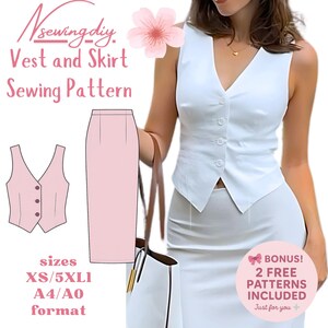 Patrón de costura para conjunto de chaleco, falda y pantalón de lino, cuello redondo, botones, tallas A0-A4 (carta de EE. UU.); tallas 2 a 30 de EE. UU.