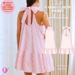 Patrón de costura para minivestido babydoll halter, espalda descubierta con lazo y bajo con volantes (descarga en PDF)