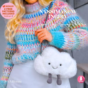May include: A fluffy white cloud-shaped crossbody bag with gray legs and a smiling face. The bag is held by a person wearing a colorful, patterned sweater. The image includes text that says "BONUS! 2 FREE PATTERNS INCLUDED".