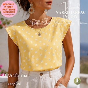 Pode incluir: Uma blusa amarela com um padrão de margaridas brancas. A blusa tem decote redondo e mangas curtas. O texto na imagem diz "Tailored NASSIMASEWINGDIY Ruffle Sleeve Blouse Sewing Pattern" e "BONUS! 2 FREE PATTERNS INCLUDED Just for you".
