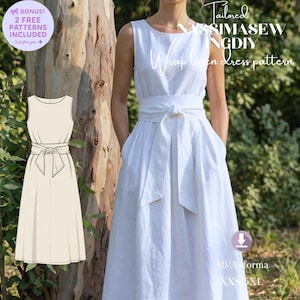 Op de afbeelding: Een witte mouwloze wikkeljurk met een strikceintuur en een bijbehorende technische lijntekening. De tekst op de afbeelding bevat: Tailored NASSIMASEW NGDIV Wrap linen dress pattern, BONUS! 2 FREE PATTERNS INCLUDED en A0/A4forma XXS-5XL.