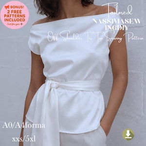 May include: White off-the-shoulder tie top sewing pattern. The top features a wide neckline, short sleeves, and a tie belt at the waist. The text on the image reads "Tailored NASSIMASEW INGDY Off Shoulder Tie Top Sewing Pattern" and "BONUS! 2 FREE PATTERNS INCLUDED Just for you".