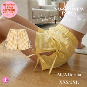 May include: Yellow and white gingham tie-side shorts. The shorts feature tie closures on the sides and an elasticated waistband. The image includes a pattern illustration and text: "Tie Side Shorts Sewing Pattern" and "XXS/5XL".