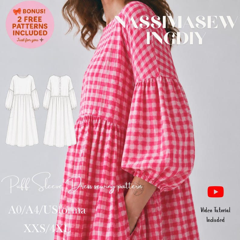 Pode incluir: Um vestido xadrez vichy rosa e branco com mangas compridas bufantes e cintura franzida. A imagem inclui o texto NASSIMASEWINGDIY, Puff Sleeve Dress sewing pattern, A0/A4/USforma, XXS/4XL e uma nota sobre dois moldes gratuitos inclu&iacute;dos.