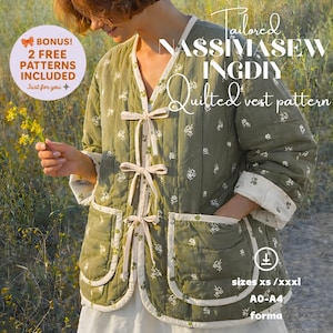 Peut inclure: Gilet matelassé vert olive avec motif floral blanc, bordure crème et fermetures à nœuds. Le gilet a deux poches et est étiqueté "NASSIMASEW INGDY Quilted vest pattern". L'image comprend également le texte "BONUS! 2 FREE PATTERNS INCLUDED".