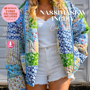 May include: A quilted patchwork coat featuring a variety of floral patterns in blue, green, yellow, and red. The coat is worn over a white camisole and white denim shorts. Text on the image includes "BONUS! 2 FREE PATTERNS INCLUDED", "NASSIMASEWINGDIY Coat Pattern", and "2XS-4XL A0/A4format".