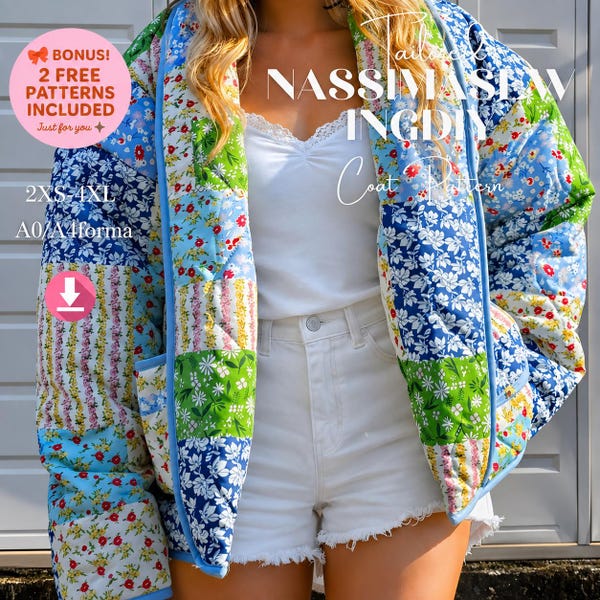 May include: A quilted patchwork coat featuring a variety of floral patterns in blue, green, yellow, and red. The coat is worn over a white camisole and white denim shorts. Text on the image includes "BONUS! 2 FREE PATTERNS INCLUDED", "NASSIMASEWINGDIY Coat Pattern", and "2XS-4XL A0/A4format".