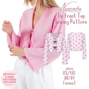 Patrón de costura para blusa con lazo delantero / Descarga digital en PDF / Camisa de lino con mangas - Ideal para principiantes / Tamaño A4, A0, Carta EE. UU. / Descarga instantánea