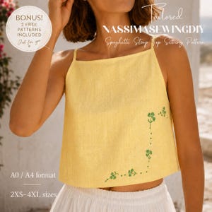 May include: A yellow spaghetti strap top featuring a square neckline and a small green embroidered clover design on the lower right side. The text on the image reads Tailored NASSIMASEWINGDIY Spaghetti Strap Top Sewing Pattern, BONUS! 2 FREE PATTERNS INCLUDED, A0 / A4 format, 2XS-4XL sizes.