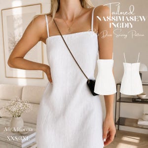 Könnte beinhalten: Ein weißes ärmelloses Etuikleid mit dünnen Spaghettiträgern und geradem Ausschnitt. Das Bild enthält den Text Tailored NASSIMASEW INGDIY Shift Dress Sewing Pattern, A0/A4forma und XXS/3XL sowie zwei kleinere Ansichten des Kleides.