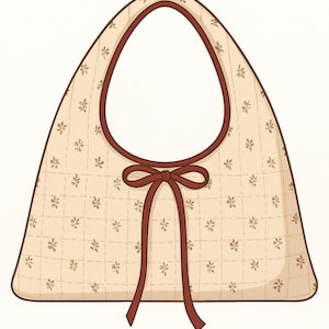 May include: A cream-colored tote bag with a floral pattern and a dark brown trim. The bag features a large oval opening and a decorative bow. The bag's dimensions are approximately 12 inches wide and 14 inches tall.