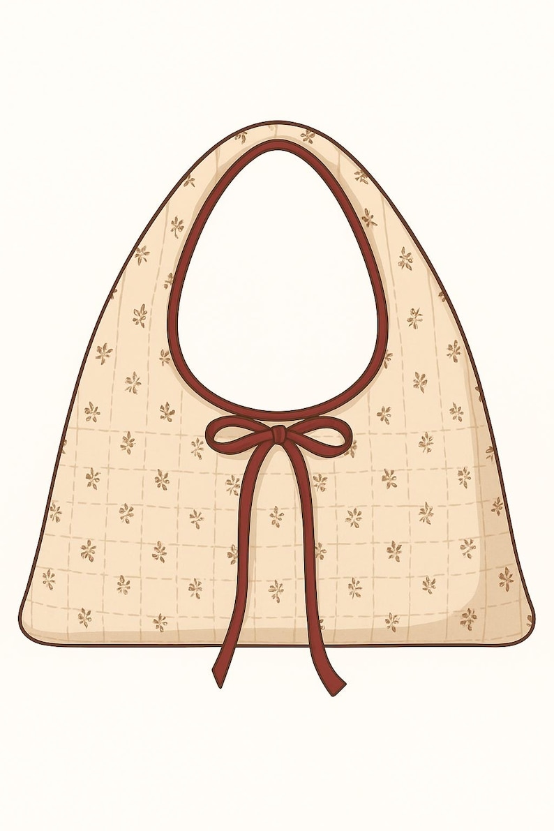May include: A cream-colored tote bag with a floral pattern and a dark brown trim. The bag features a large oval opening and a decorative bow. The bag's dimensions are approximately 12 inches wide and 14 inches tall.