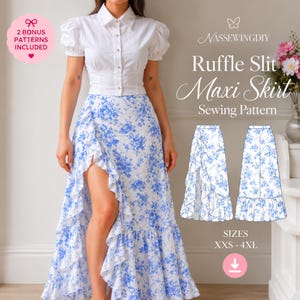 May include: A white short-sleeved button-down shirt and a blue and white floral print maxi skirt with a ruffled side slit. The image includes text reading NASSEWINGDIY Ruffle Slit Maxi Skirt Sewing Pattern, 2 BONUS PATTERNS INCLUDED, and SIZES XXS-4XL.