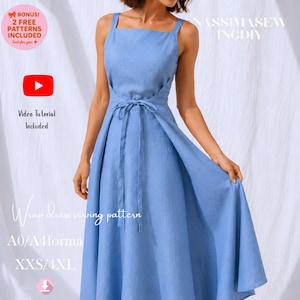 May include: A light blue sleeveless wrap dress with a square neckline and a tie-waist detail. The dress features a full, flowing skirt. Text on the image includes "BONUS! 2 FREE PATTERNS INCLUDED", "Video Tutorial Included", "Wrap dress sewing pattern", "A0/A4forma", and "XXS/4XL".