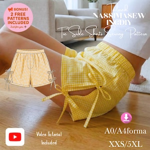 Könnte beinhalten: Gelb-weiß karierte Shorts mit elastischem Bund und dekorativen seitlichen Bindebändern. Das digitale Schnittmuster enthält eine Videoanleitung, zwei Bonus-Schnittmuster und ist in den Größen XXS bis 5XL in A0 und A4 erhältlich.
