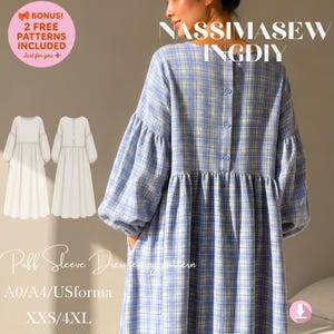 May include: A blue and white plaid dress with long puff sleeves, a gathered waist, and a back button placket. The image includes a technical line drawing of the dress, text reading NASSIMASEW INGDY, Puff Sleeve Dress sewing pattern, A0/A4/USforma, and XXS/4XL.