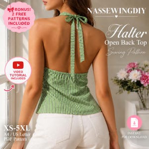 May include: A green and white striped halter top with an open back and a tie-neck closure. The garment is paired with white pants. Text on the image includes NASSEWINGDIY, Halter Open Back Top Sewing Pattern, BONUS! 2 FREE PATTERNS INCLUDED.