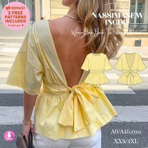 May include: A light yellow open-back top with a bow detail. The top has short sleeves and a peplum-style bottom. Text on the image includes "BONUS! 2 FREE PATTERNS INCLUDED" and "Tailor NASSIMASEW INGDIN Women Open Back Top Sewing Pattern". The pattern sizes are XXS/4XL.