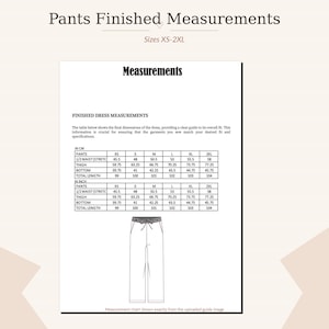May include: A measurement chart titled Pants Finished Measurements for sizes XS-2XL. The document includes tables for waist, thigh, bottom, and total length in centimeters and inches, alongside a line drawing of pants with an elastic waistband.