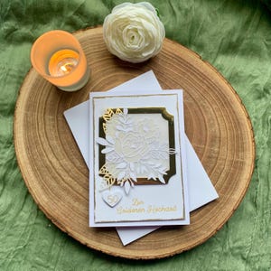 Handgemachte Karte zur Goldenen Hochzeit – mit Einstecktasche für Geld – florales Design – 50 Jahre – edel & modern