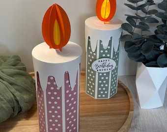 Geburtstagsgeschenk personalisiert – Geldgeschenk Verpackung mit Name – kreative Kerze aus Papier