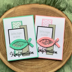 Handgemachte Konfirmationskarte mit Schüttelelement – christliches Fischsymbol – für Jungen und Mädchen – modern & liebevoll