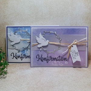 Moderne Konfirmationskarte Junge Mädchen – Schlichte christliche Grußkarte handmade mit Taube & Kranz – Naturtöne und Transparentpapier