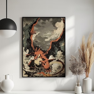 May include: A framed vertical wall art print featuring a stylized orange dragon-like creature with large wings, sharp claws, and a long tail, set against a dark, cloudy, and mountainous landscape with traditional architectural elements.