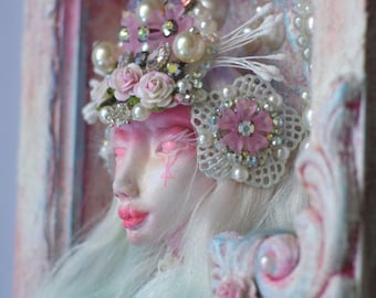 OOAK Fairy doll bust in frame Ice Pink fairy collectible art doll wall hanging decor