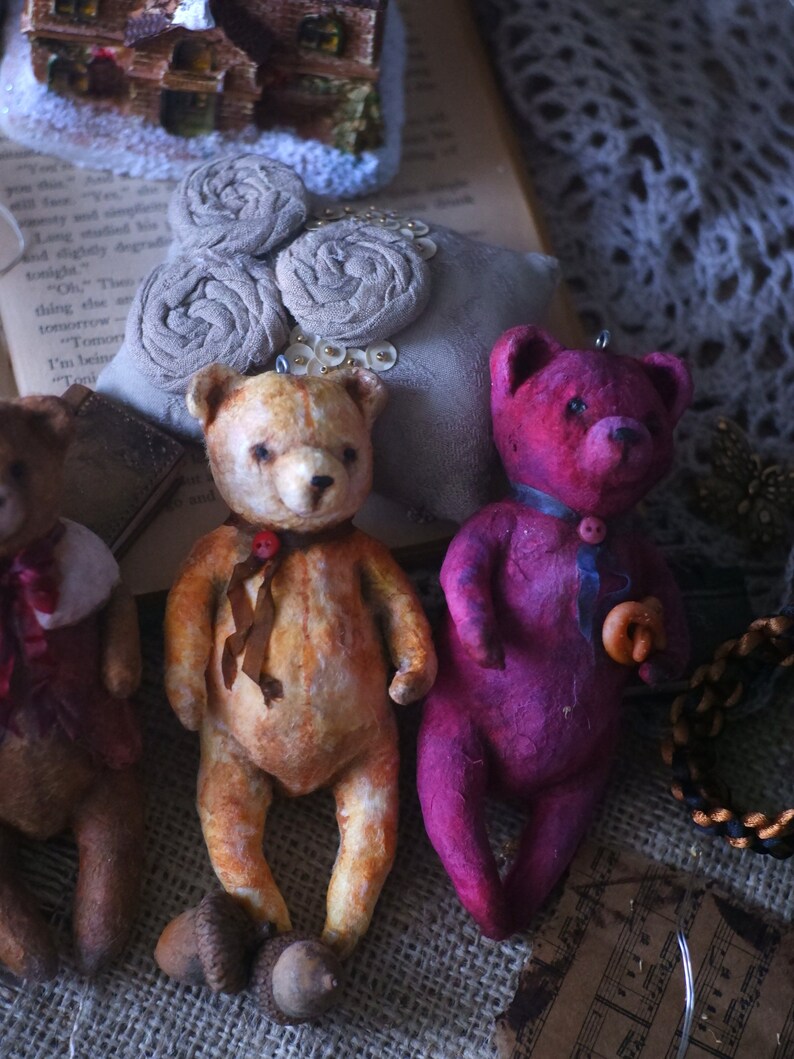 spun cotton ornament, spun cotton bear, miniature spun cotton bear
