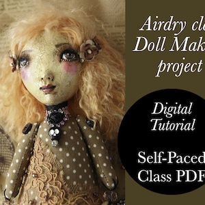 May include: Airdry clay doll making project digital tutorial self-paced class PDF. The image shows a doll with pink hair, a brown and white polka dot dress, and a black skull charm necklace.