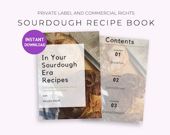 May include: A digital download for a sourdough recipe book titled "In Your Sourdough Era Recipes". The cover features a close-up of sourdough bread loaves and the text "Contents" with a list of chapters: Breakfast, Lunch/Dinner, and Snacks/Desserts.