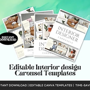 May include: A stack of interior design carousel templates with the text "Interior Designer Carousels" and "Editable Interior design Carousel Templates". The templates feature images of interior design elements and the words "Texture Styles" and "Luxe Marble".