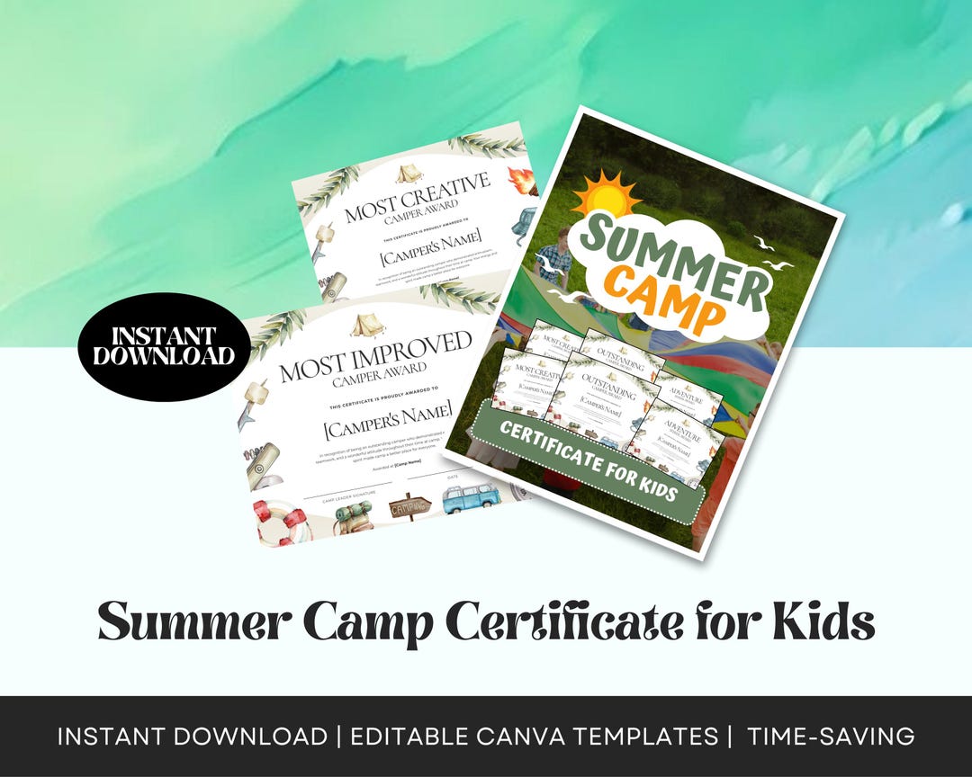 Summer Camp Certificate Award Template for Kids Participation ...