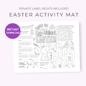 May include: Black and white printable Easter activity mat featuring a bunny rabbit, eggs, and a word search puzzle. The text on the mat reads "Have an Egg-cellent Easter!" and "I Spy..."