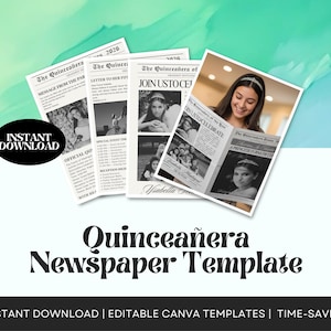 Peut inclure: Un modèle de journal Quinceañera en noir et blanc. Le design comprend des photos et du texte, avec le titre "The Quinceañera" et le texte "Join us to celebrate". Les mots "Instant Download" sont dans un cercle noir.