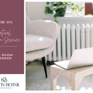 May include: A laptop is placed on a small, light-coloured wooden table in front of a white armchair. The image includes text that reads "ADD-ON Virtual Design Service 3D ROOM RENDER" and the logo for Kristin Bernil Interiors.