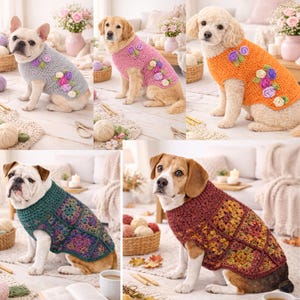 Könnte beinhalten: Fünf Hunde tragen handgefertigte Häkelpullover. Die Pullover sind in verschiedenen Farben erhältlich, darunter Grau, Rosa und Orange, und mit floralen Akzenten verziert. Die Hunde sitzen in einem hellen Raum mit Garn und anderen Bastelmaterialien.