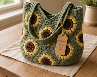 Sunflower Crochet Bag Pattern, Granny Square Tote Tutorial, Boho Market Bag (PDF Download)