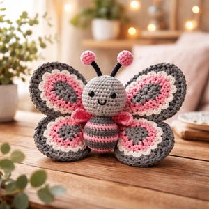 Könnte beinhalten: Ein handgefertigter Häkel-Schmetterling mit grauen, rosa und weißen Details. Der Schmetterling hat einen runden Kopf mit schwarzen Augen und Fühlern sowie einen gestreiften Körper. Die Flügel sind kreisförmig mit einem gewellten Rand.