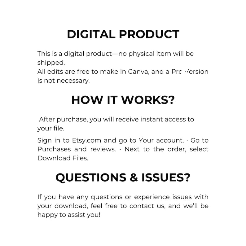 Pu&ograve; includere: Sfondo bianco con testo nero che descrive un prodotto digitale. Il testo include "PRODOTTO DIGITALE", "COME FUNZIONA?" e "DOMANDE E PROBLEMI?" Vengono fornite istruzioni per accedere al file digitale dopo l'acquisto.