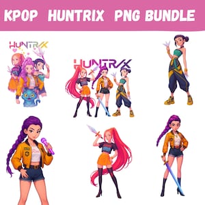 Puede incluir: Gráfico KPOP Huntrix PNG Bundle con ilustraciones estilizadas de personajes femeninos en poses dinámicas. Los personajes sostienen armas o micrófonos y visten atuendos modernos. La paleta de colores incluye tonos vibrantes como el amarillo, el rosa y el azul.