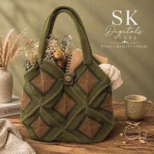 May include: A handmade green and brown crochet tote bag with a geometric diamond pattern. The bag is filled with dried flowers, a notebook, and a cream-colored knitted item. The bag has a wooden button closure and two handles.